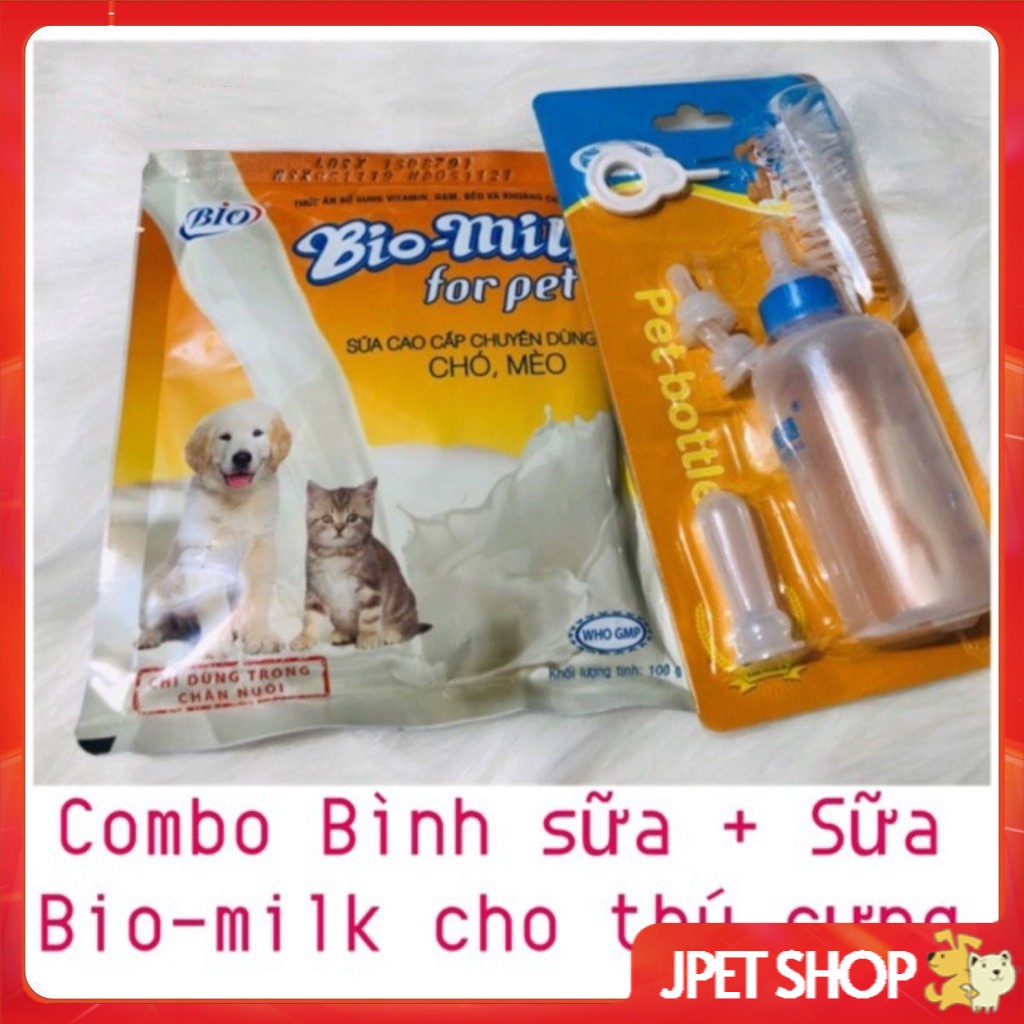 [Mã PET50K giảm Giảm 10% - Tối đa 50K đơn từ 250K] Combo sữa Bio và bình sữa 60ml cho chó mèo con - Jpet shop