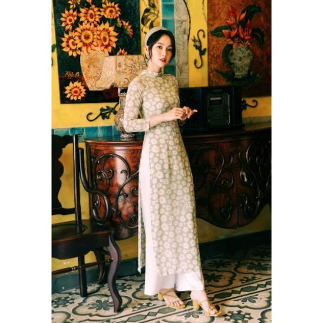 Áo dài hoa nhí 4 tà, 2 tà cúc to nhiều màu sang chảnh