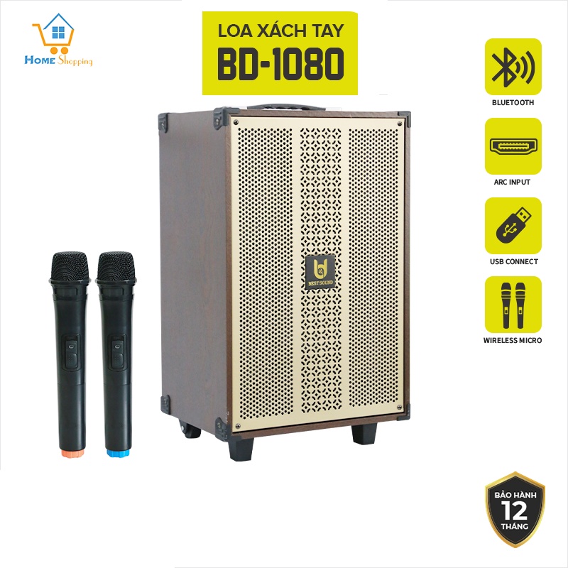 Loa kéo Bestsound BD-1080, Bass 10 inch, 30W, kết nối Bluetooth, USB, TF, Điều khiển, có 2 Micro không dây