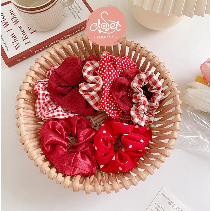Kẹp tóc nơ và dây buộc tóc scrunchies đỏ anh đào / kẻ caro, phong cách cổ điển Pháp