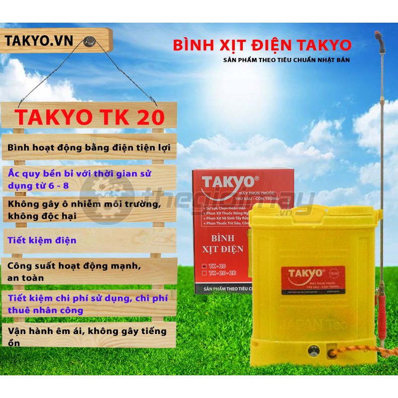 Bình xịt điện 20 lít TAKYO- 20 lít (12v-8ah), Thời gian sử dụng sau khi sạc đầy: 6-8 giờ