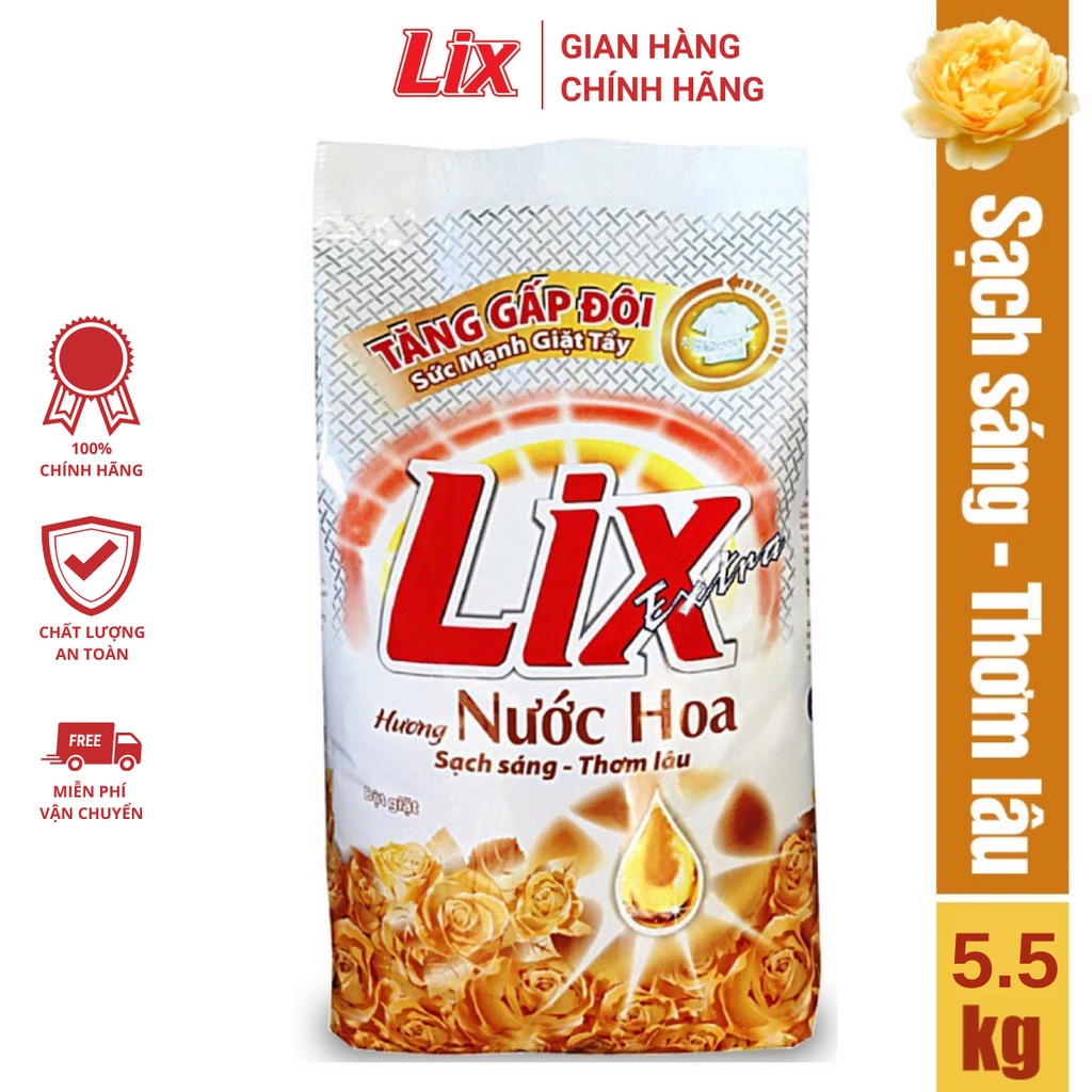 Bột giặt Lix Extra hương nước hoa 5.5kg EH554 tăng gấp đôi sức mạnh giặt tẩy quần áo sạch thơm lâu cho giặt tay, máy