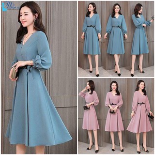 Đầm dự tiệc đầm Dáng Xòe Váy Nữ Xoè Cao Cấp Đi Tiệc Công Sở Dạo Phố Cổ V Tay Dài