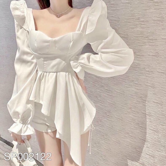 Set áo peplum tà xéo phối quần đùi lưng thun - Đen/Trắng - mặc đi chơi