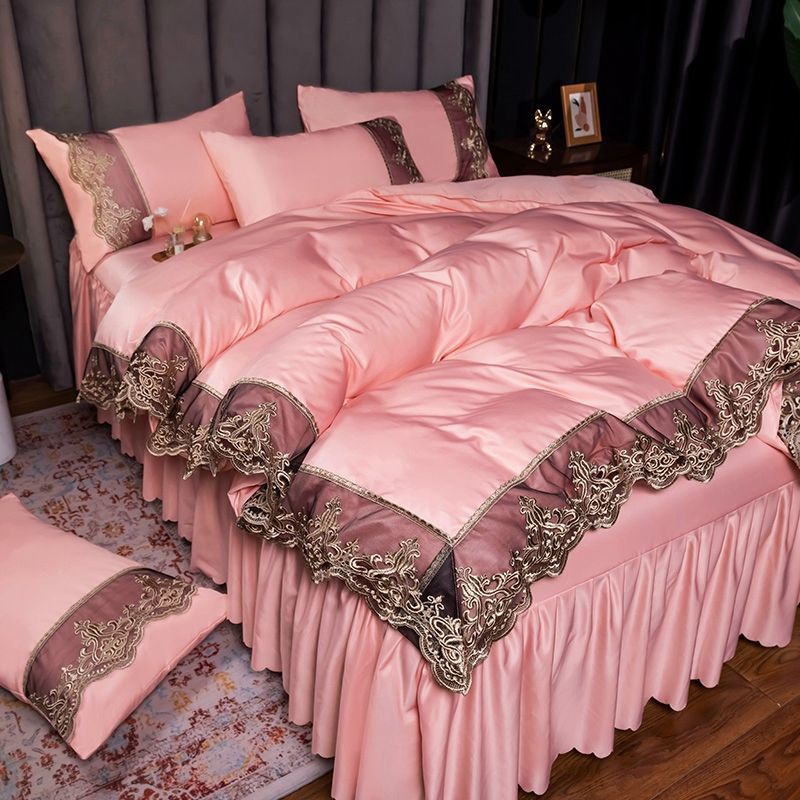 Summer double-sided ice silk bed skirt Four Piece Set Princess wind silk smooth naked sleeping days silk summer cool quilt cover bed sheet bedding