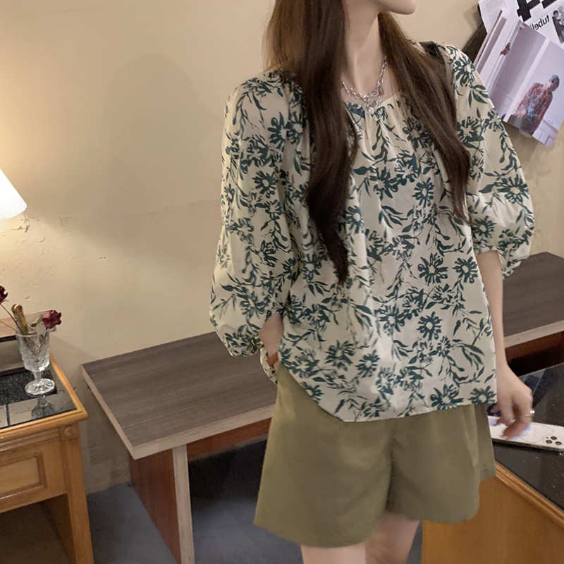 Áo kiểu SUXI tay lửng dáng rộng họa tiết hoa phong cách cổ điển thời trang mùa hè dành cho nữ
