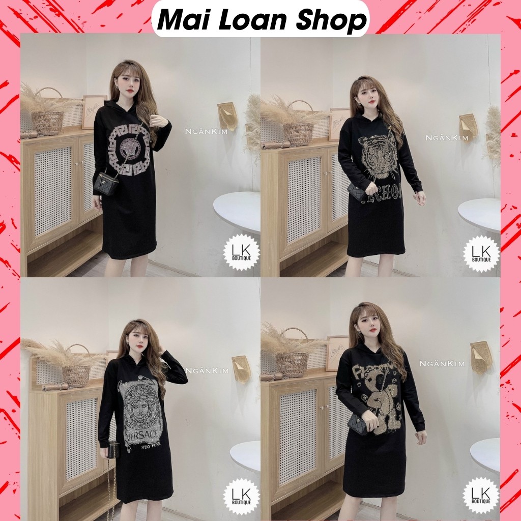 Váy Len Nữ Hoạ Tiết Đính Đá Có Mũ Cao Cấp, Váy Suông Dài Tay Thu Đông Cá Tính.