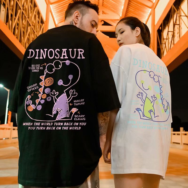 Áo thun ngắn tay dáng rộng họa tiết khủng long hoạt hình thời trang mùa hè Hàn Quốc cho nam nữ size m-8xl