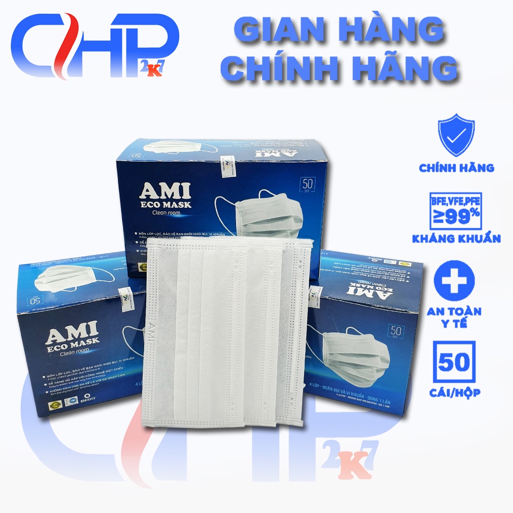 (Màu trắng)Hộp khẩu trang y tế Ami màu trắng 4 lớp 50 cái