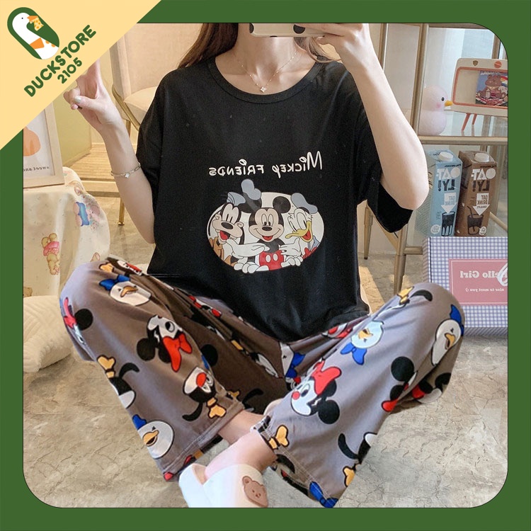 Đồ bộ nữ đồ mặc nhà đồ ngủ, bộ ngủ thu đông nữ, đồ bộ quần dài Mickey đen