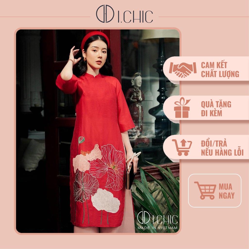 ICHIC fashion - Áo Dài Cách Tân Chân Ái Đỏ Lá Sen Thiết Kế Tơ Cao Cấp 2021
