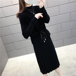 HL Fshion| [Hàng oder] Set váy len đen dài tay+ghile len cổ V đai eo