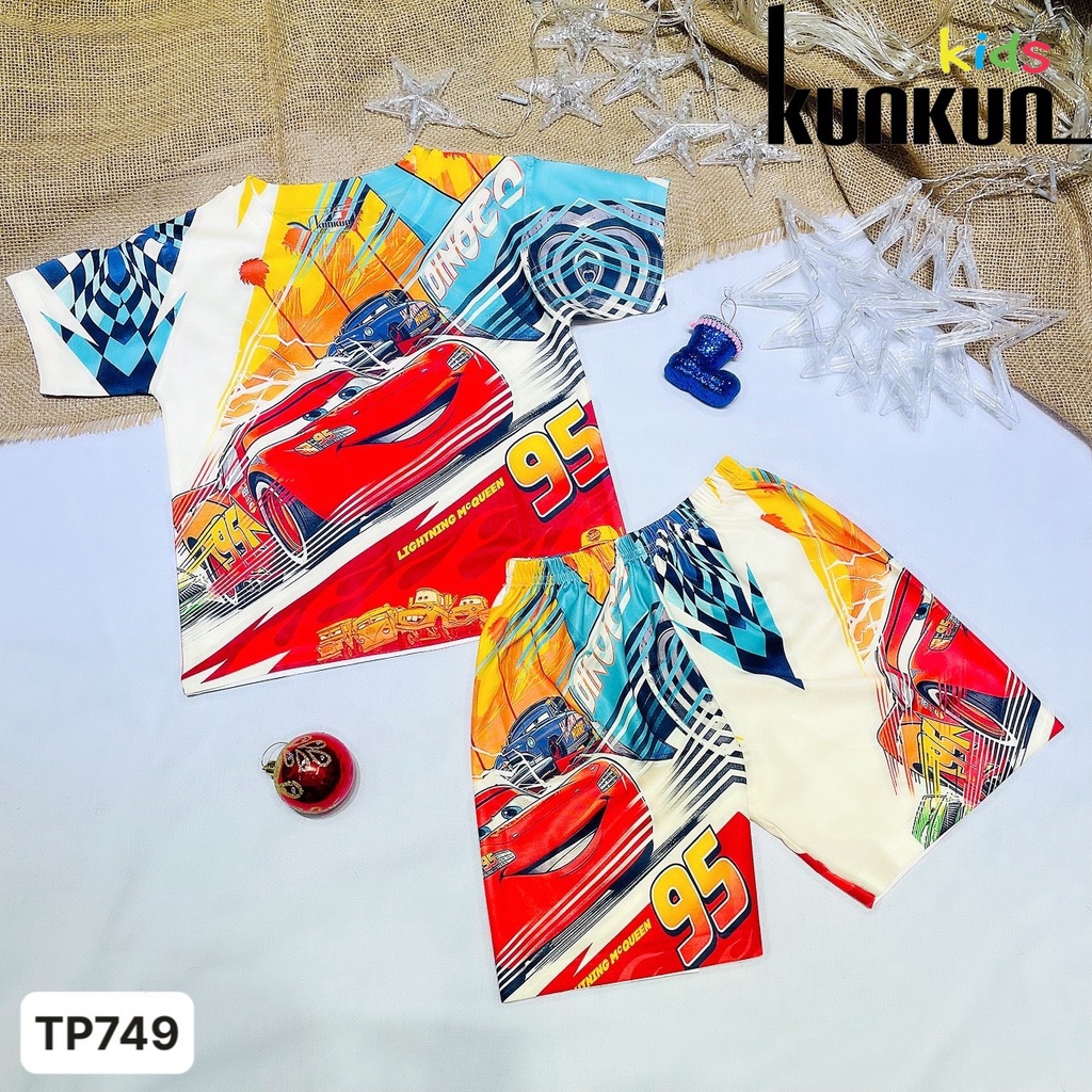 Quần áo bé trai KUNKUN TP749 cộc tay in 3D hình xe hơi cars size đại từ 10-60kg - Đồ bộ trẻ em thun lạnh co giãn 4 chiều