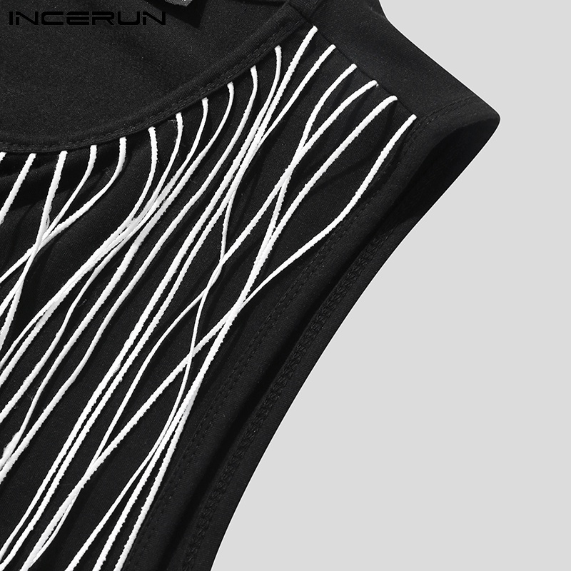 Áo thun INCERUN ba lỗ màu đen dáng rộng phối tua rua thời trang cho nam giới