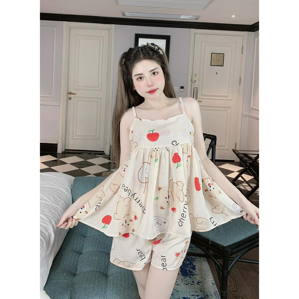 Set 2 dây nữ mặc nhà bộ đồ ngủ áo 2 dây quần cộc lụa mango 40-60kg - CHUN'S SLEEPWEAR
