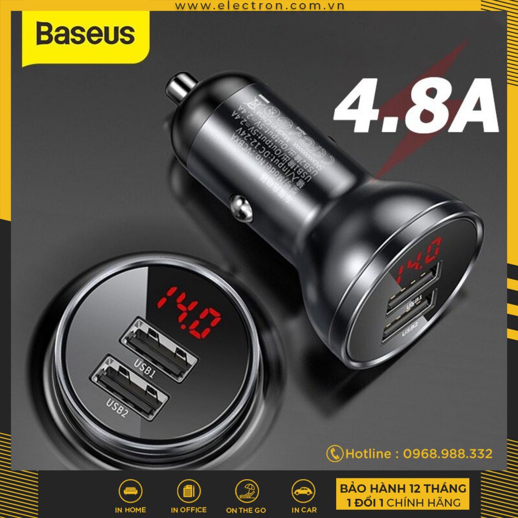 Tẩu sạc đa năng dùng cho xe ô tô Baseus Digital Display (24W, Dual USB 4.8A , Car Fast Charger)