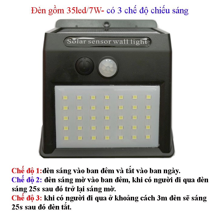 Đèn năng lượng mặt trời cảm biến hồng ngoại 100Led 3 chế độ-35 led/ 7W siêu sáng