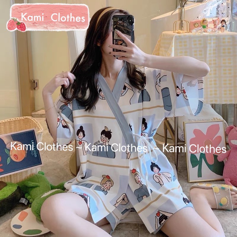 Bộ yukata ngắn tay buộc dây hình cặp đôi dễ thương, bộ Pijama nữ dây eo cộc tay icon - KAMI Clothes