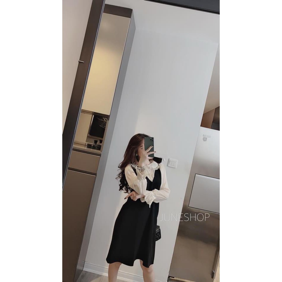 Set Váy Nữ , Yếm Cổ V Chất Nhung Mix Cùng Áo Sơ Mi Tơ Hàng Quảng Châu Cao Cấp Full Size Cho Team Bánh Bèo Năng Động.