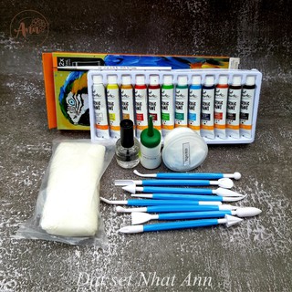 Combo đất sét nặn tự khô 250 gram và 12 tuýt màu dùng để nặn tượng, nặn hoa đất sét.