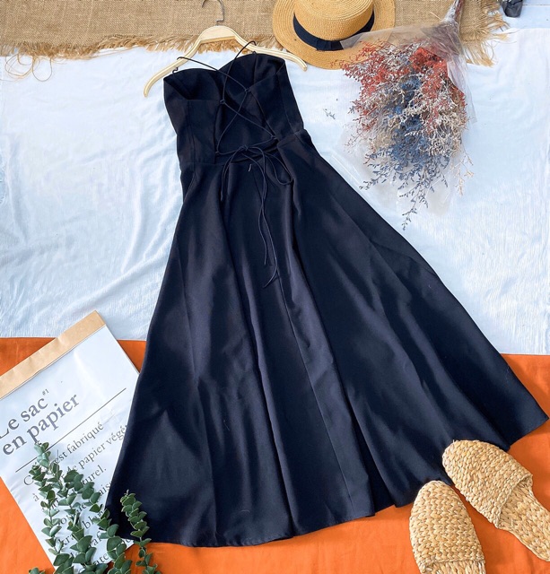 ĐẦM MAXI ĐEN 2S ĐAN CHÉO LƯNG kt