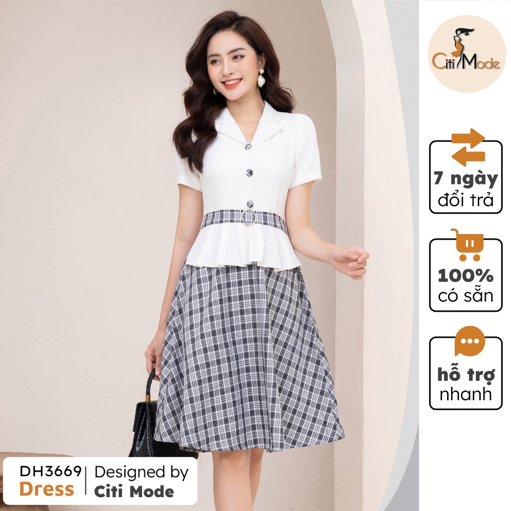 Đầm công sở thiết kế cao cấp CITI MODE dáng xòe peplum cổ vest 3 cúc đai eo DH3669