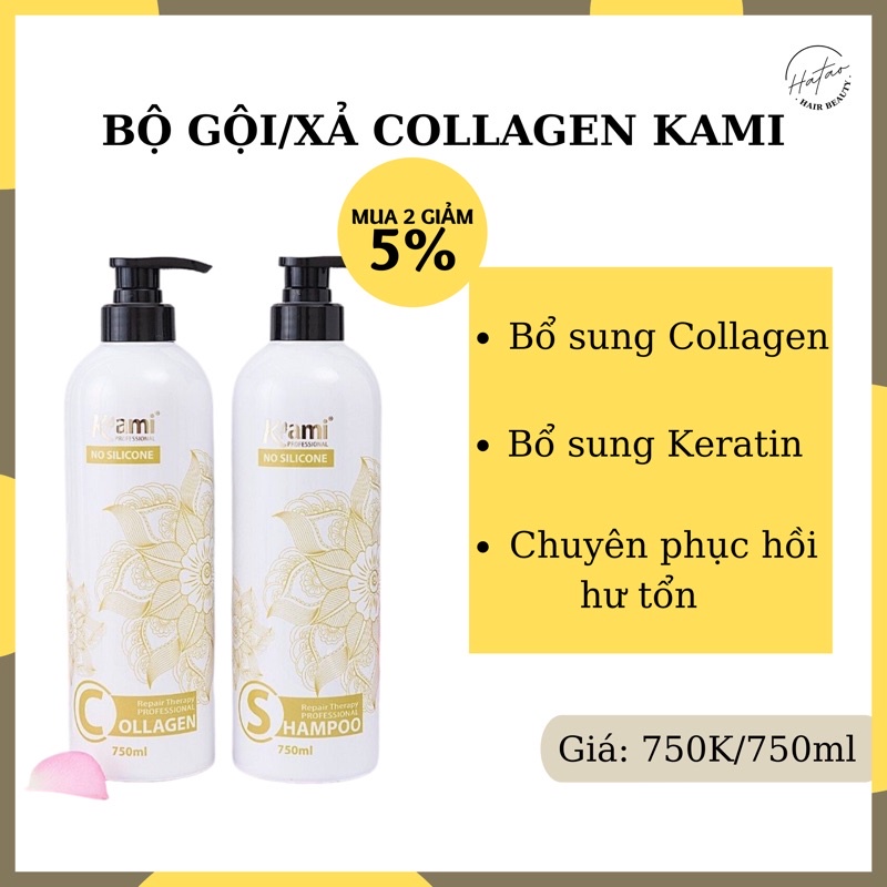 Bộ Dầu Gội Dầu Xả Kami phục hồi tóc hư tổn dạng chai 750ml
