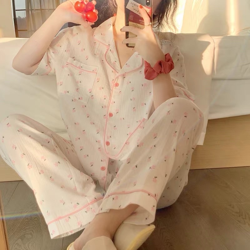 Set đồ ngủ mặc nhà pijama trắng hoa nhí hồng pastel ngọt ngào dễ thương ulzzang Hàn Quốc [Yannie]