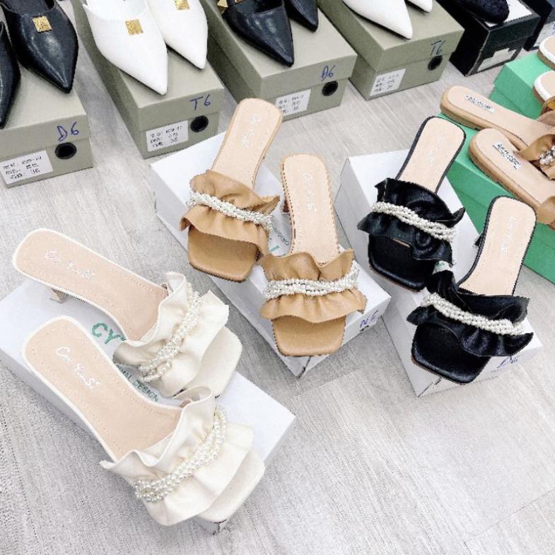 MLo(ẢNH THẬT) Guốc 5p Quai Nhún Bèo Phối Ngọc Da Mềm Êm Fullbox Cao Cấp