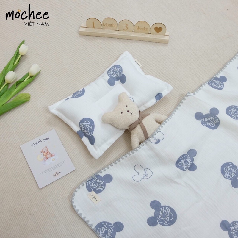 Mochee - Set chăn bốn mùa Muslin cao cấp kèm gối lõm chống bẹp đầu mềm mại, thấm hút tốt