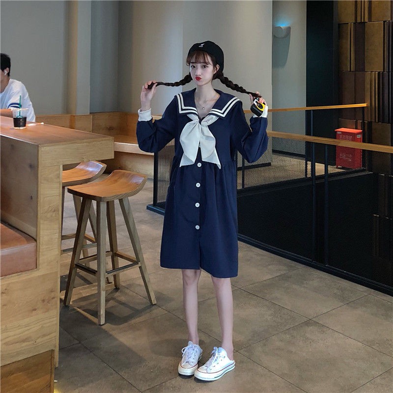 Mùa thu jk cổ áo xanh navy kiểu đại học váy dài tay nữ sinh ngọt ngào nhẹ nhàng lỏng lẻo phong cách Hàn Quốc Nh
