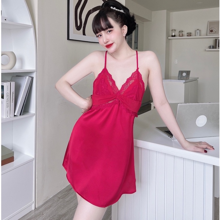 Váy Ngủ Nữ Chữ T Kèm Quần Chíp SOJUN Chất Satin Dưới 60Kg