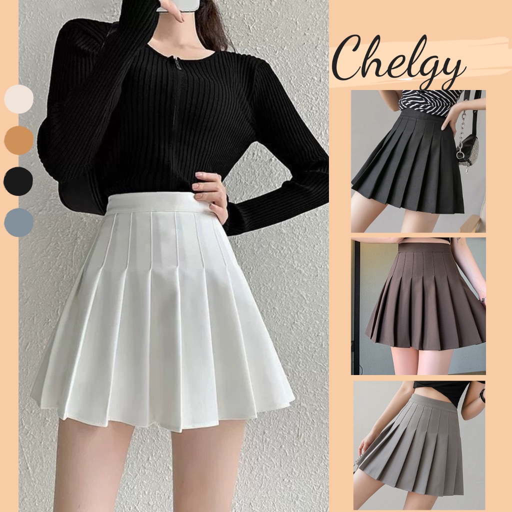 Chân váy xếp ly Chelgy dáng ngắn xòe, chân váy Tenis lưng cao có khóa sau và quần an toàn chữ A CG-CVXL105