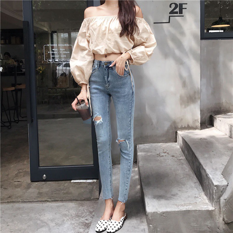 Quần jeans dài rách gối thời trang cho nữ
