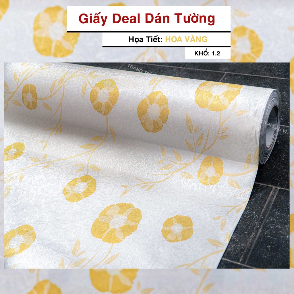 Giấy dán tường màu vàng có hoa văn [HÀNG CHẤT LƯỢNG] hoa văn 3D - có sẵn keo mặt sau - khổ 1,2m