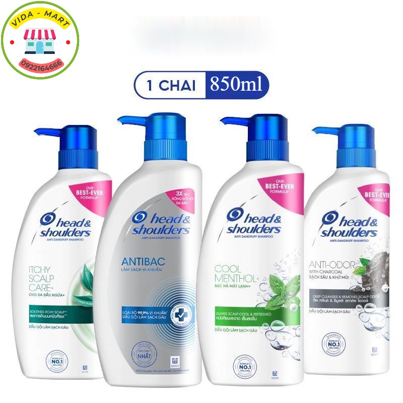 Dầu Gội HEAD &amp; SHOULDERS chai 850ml Bạc Hà/ Da Đầu Ngứa/ Ngăn Rụng Tóc/ Than Hoạt Tính  ( Sạch Sâu và Khử Mùi ) SP200279