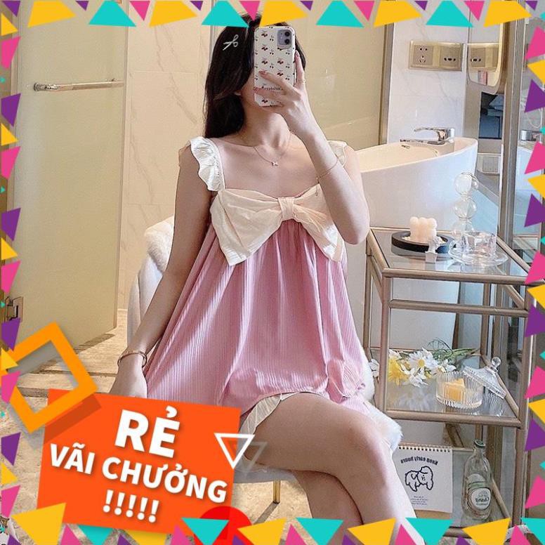 Set bộ ngủ đũi thun lạnh 2 dây nơ ngực tiểu thư điệu đà