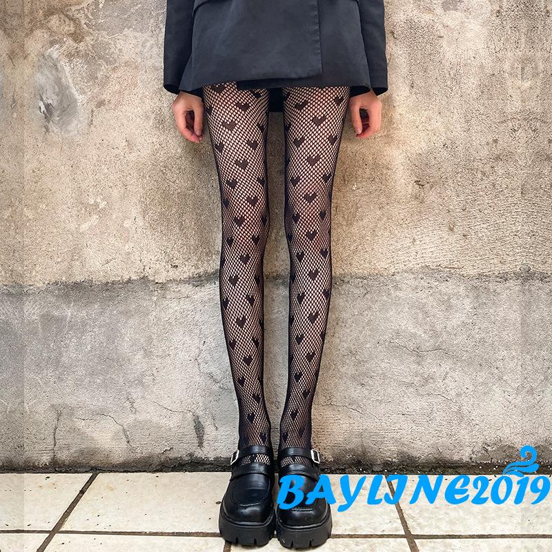 Quần tất lưới rỗng co giãn cao ôm dáng màu đen thiết kế khoét rỗng in hình trái tim cho nữ