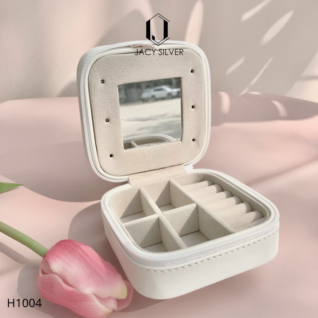 Hộp da mini đựng trang sức kèm gương có khóa kéo tiện lợi H1004