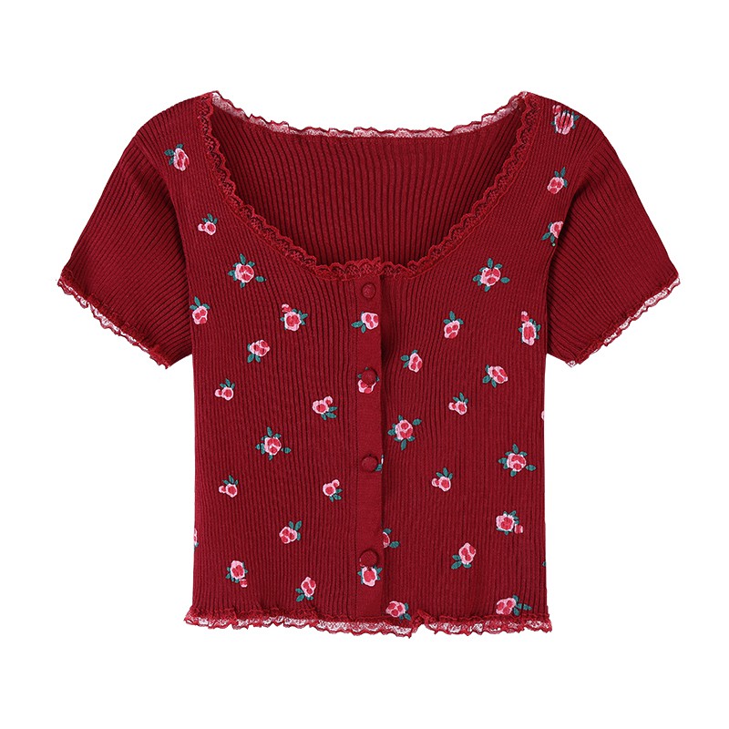 Áo croptop nữ tay ngắn rộng 2021, áo kiểu nữ đẹp màu đỏ lưới kẻ caro cổ tròn sang chảnh thời trang hàn quốc du lịch