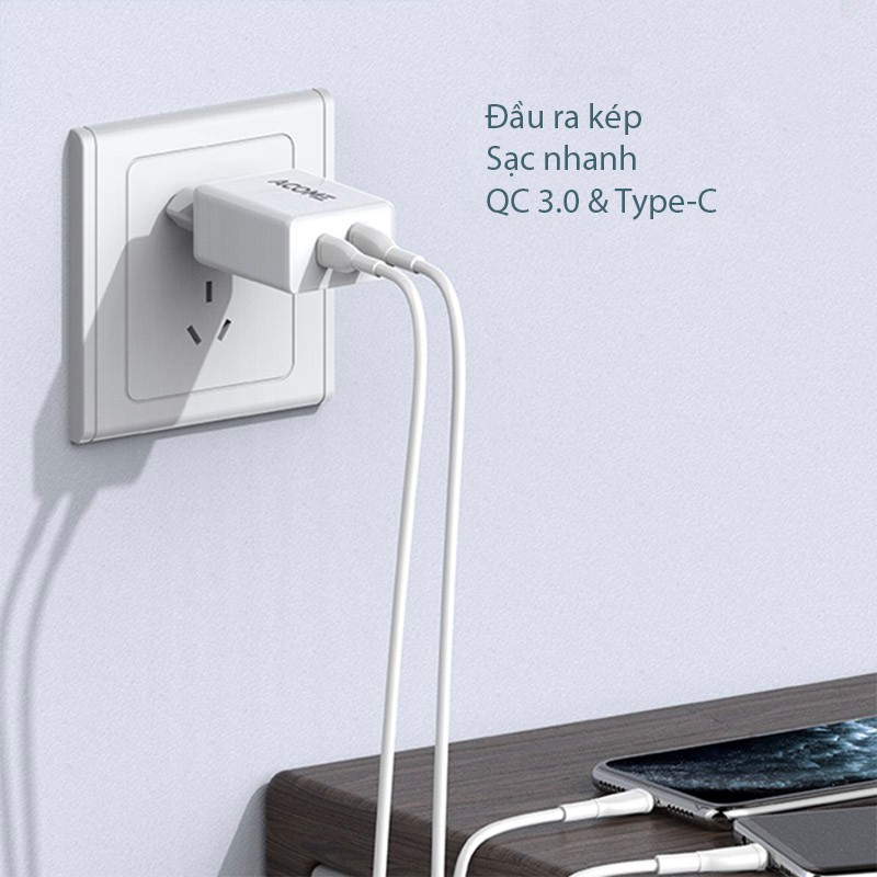 Cốc Sạc Nhanh 18W ACOME AC02 Chuẩn PD + QC3.0 2 Cổng Sạc Ra – BẢO HÀNH 12 THÁNG