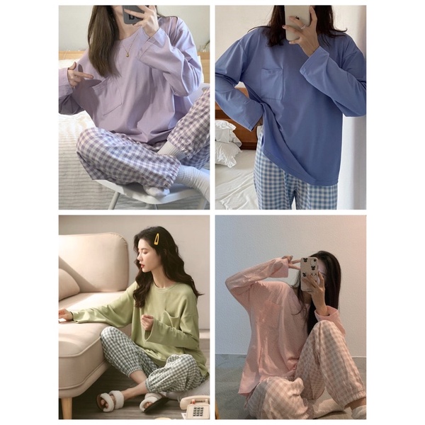 BỘ ĐỒ NGỦ MẶC NHÀ DÀI TAY COTTON TRƠN KÈM QUẦN CARO THU ĐÔNG HOT 2021