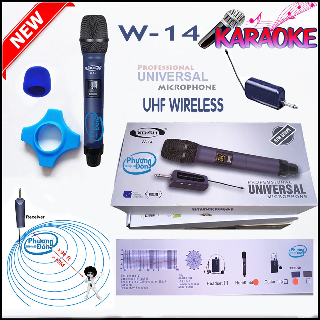 Micro không dây Universal W-14 cho Loa kéo, Loa trợ giảng, Amply karaoke