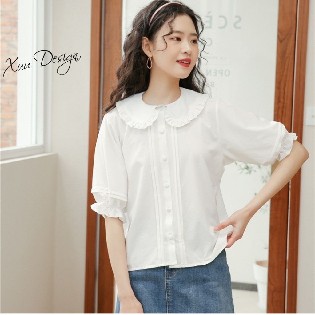 Áo sơ mi trắng nữ Xuu, phong cách tiểu thư tay lỡ tay phồng Xu10