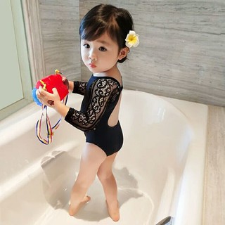 Bộ đồ bơi liền thân phối ren màu đen phong cách công chúa cho bé gái