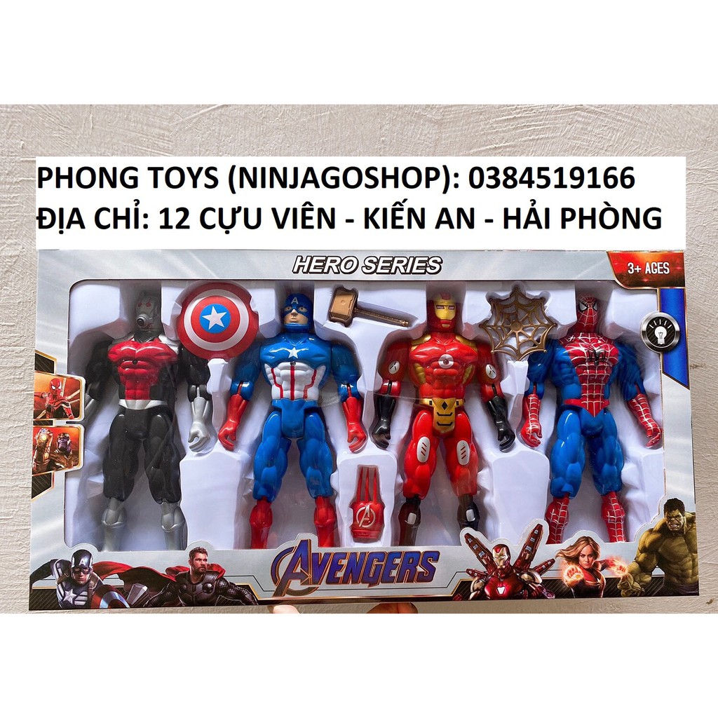 Bộ 4 siêu anh hùng Avengers Marvel bằng nhựa cứng cỡ lớn và vũ khí (ảnh thật shop tự chụp)