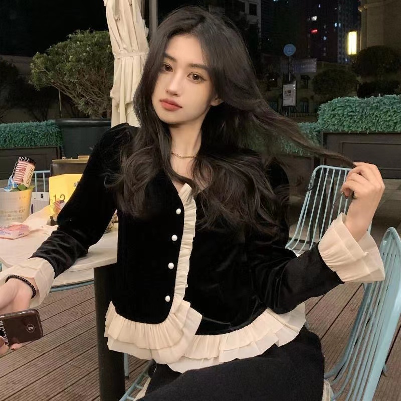 Áo Nhung Tay Dài Cổ Chữ v Dáng Ôm Thời Trang retro Xinh Xắn Cho Nữ