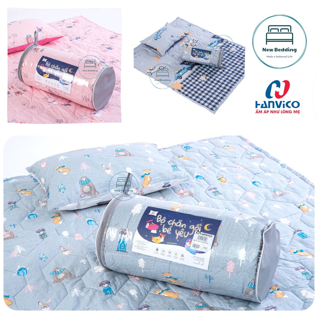 Bộ chăn gối cho bé mang đi học Hanvico, chăn gối ngủ trưa cho bé, cotton cao cấp