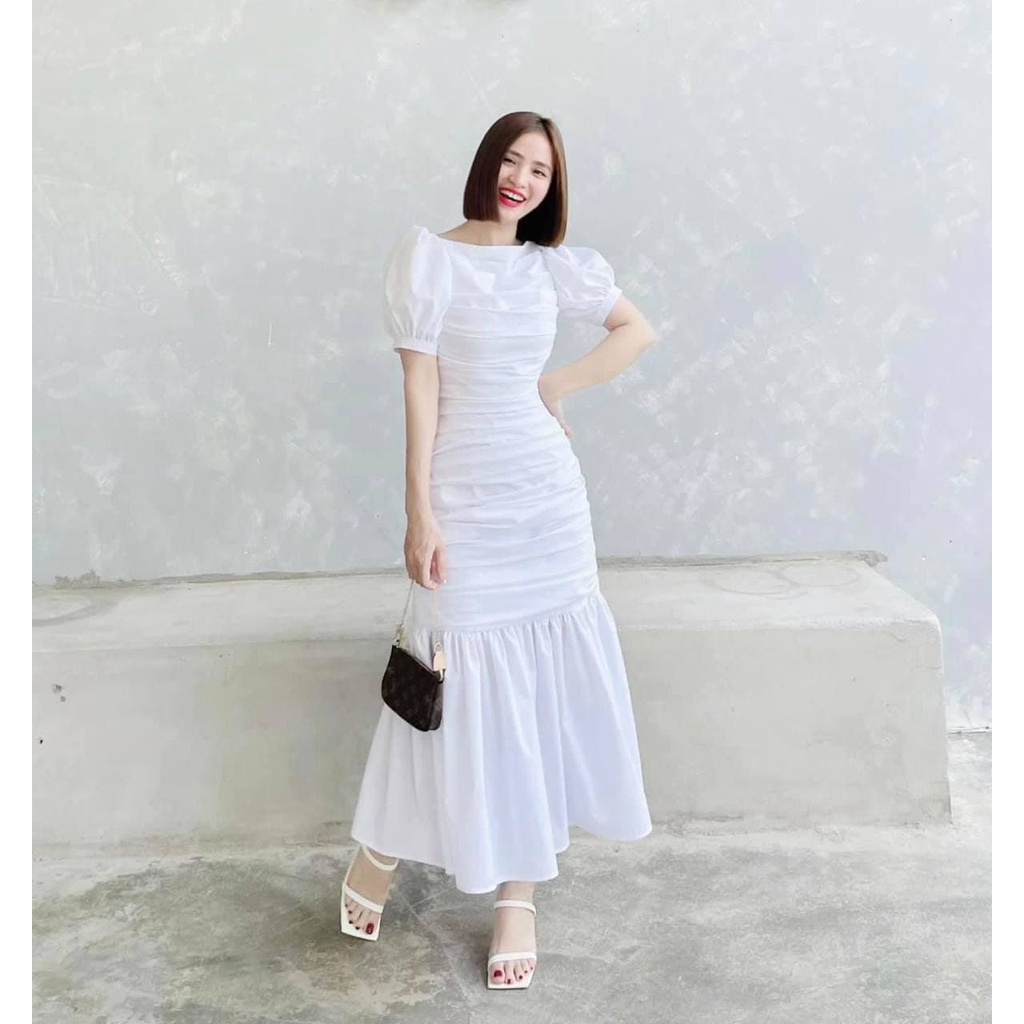 Đầm Xếp Ly Thân Tay Bồng Cổ Ngang MORI, maxi sang chảnh đi tiệc dạo phố TN1370