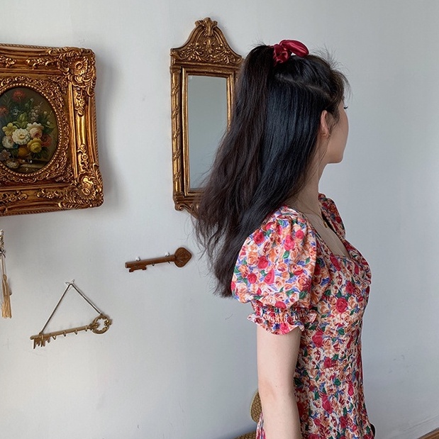 [MURIOKI] Đầm Mini Cổ Vuông Tay Phồng In Họa Tiết Hoa Phong Cách Pháp Ngọt Ngào Thời Trang Cho Nữ